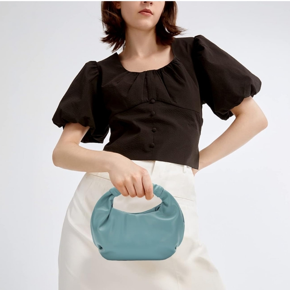 The Drop Addison Soft Faux Leather Ruched Top Handle Bag. Dusty Blue - Picture 2 of 16